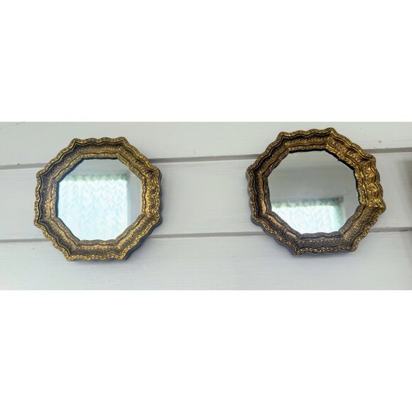 Vintage 1960s Pair of Plastic Ornate Gold Gilt Octagonal Wall Mirrors - Picture 10 of 14